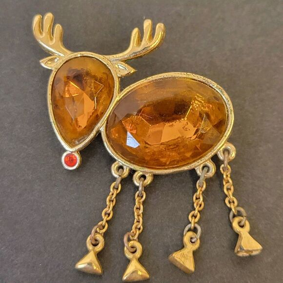 Vintage Amber Tone Crystal Dear Shaped Brooch Collectible Jewelry Gift For Her - Picture 1 of 6